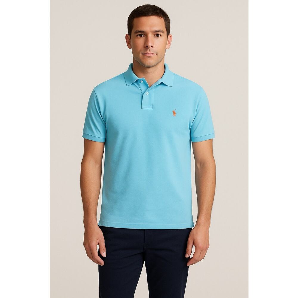 POLO RALPH‎ LAUREN Men’s Custom Fit Polo Shirt Light Blue Size Large 100% Cotton